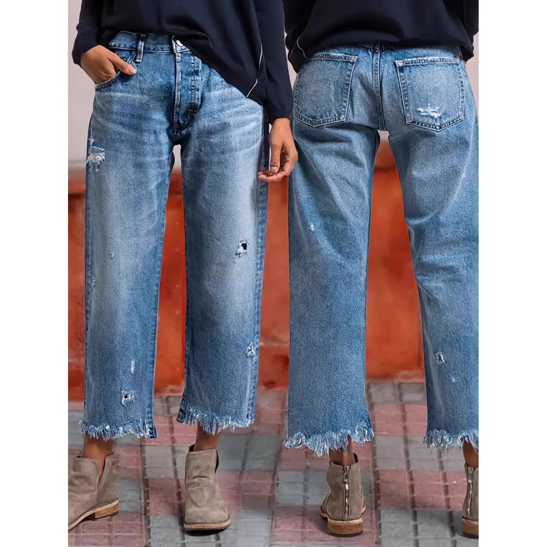 

Новинка 2023 года, женские прямые джинсовые брюки с дырочками, низкая талия, искусственная ткань, модная зимняя коллекция Sle