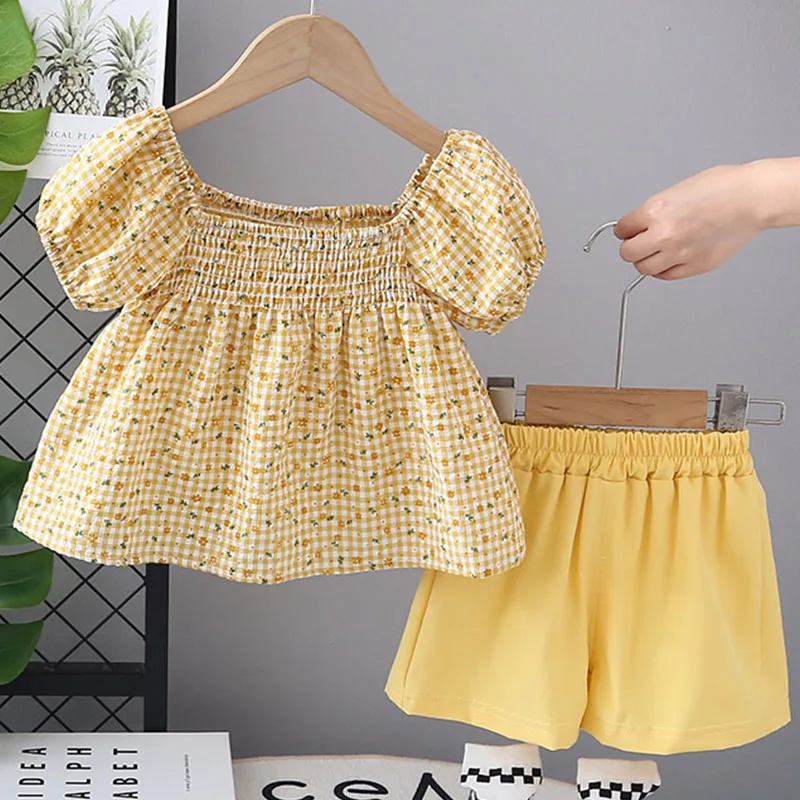 

2Piece Summer Toddler Girl Clothes Korean Fashion Cute Flowers Short Sleeve Cotton Baby Tops+Shorts Boutique Kids Clothing B078