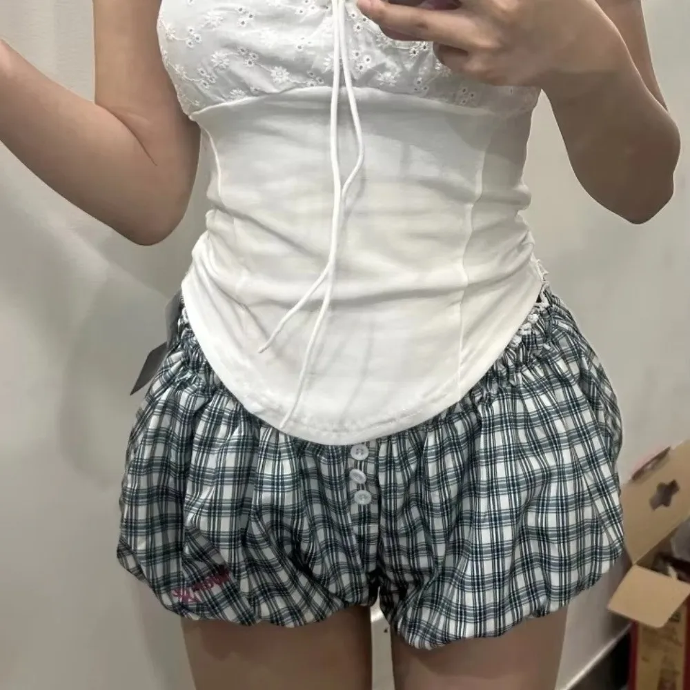 Neue Y2k Retro-Karo-Shorts im süßen Stil, koreanischer Chic, Shorts mit elastischem Bund, Vintage-Design, lässige Bloomer-Shorts für den Alltag. – Detail 12