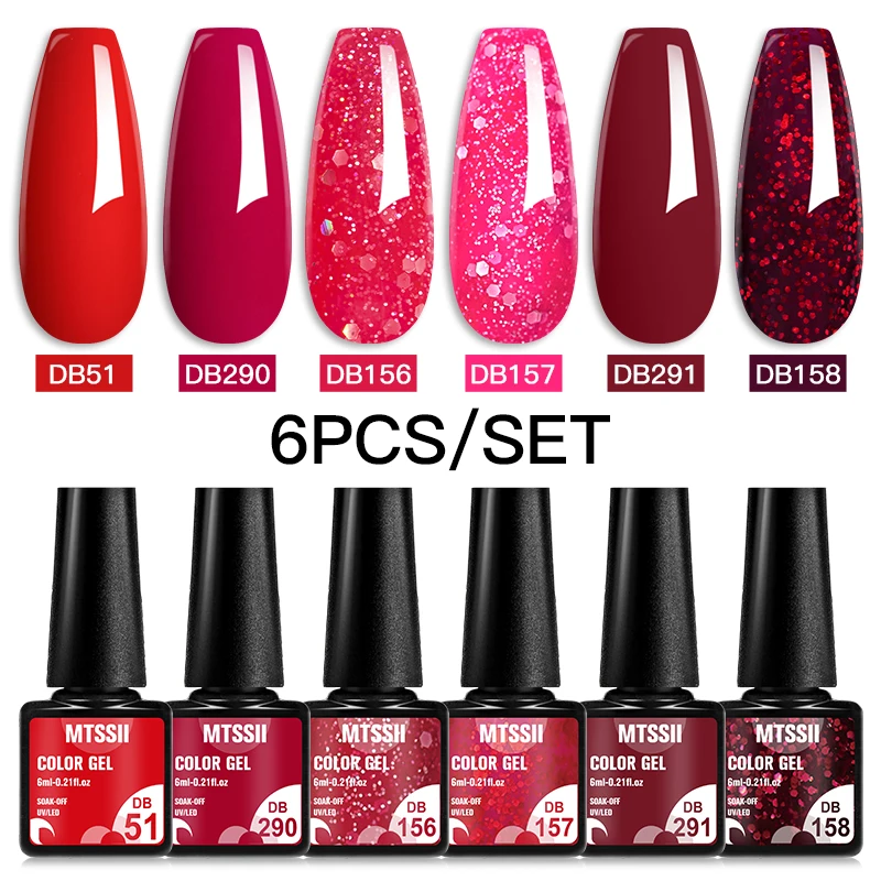 Mtssii 6PCS/Set Red Gel Nail Polish Set Glitter Sequins Semi Permanent Base Matte Top Coat Soak Off LED UV Nail Art Gel Varnish