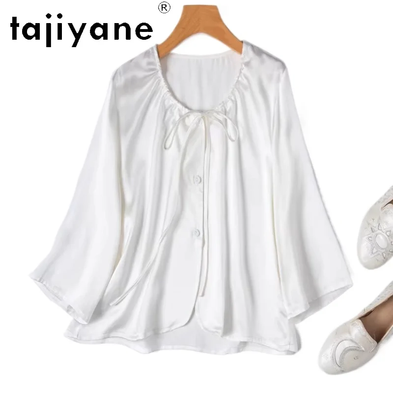 

TAJIYANE 100% Mulberry Silk Shirts Woman Elegant Pearl White Silk Blouse O-Neck Ladies Tops Spring Summer Clothes Women 2026 하객룩