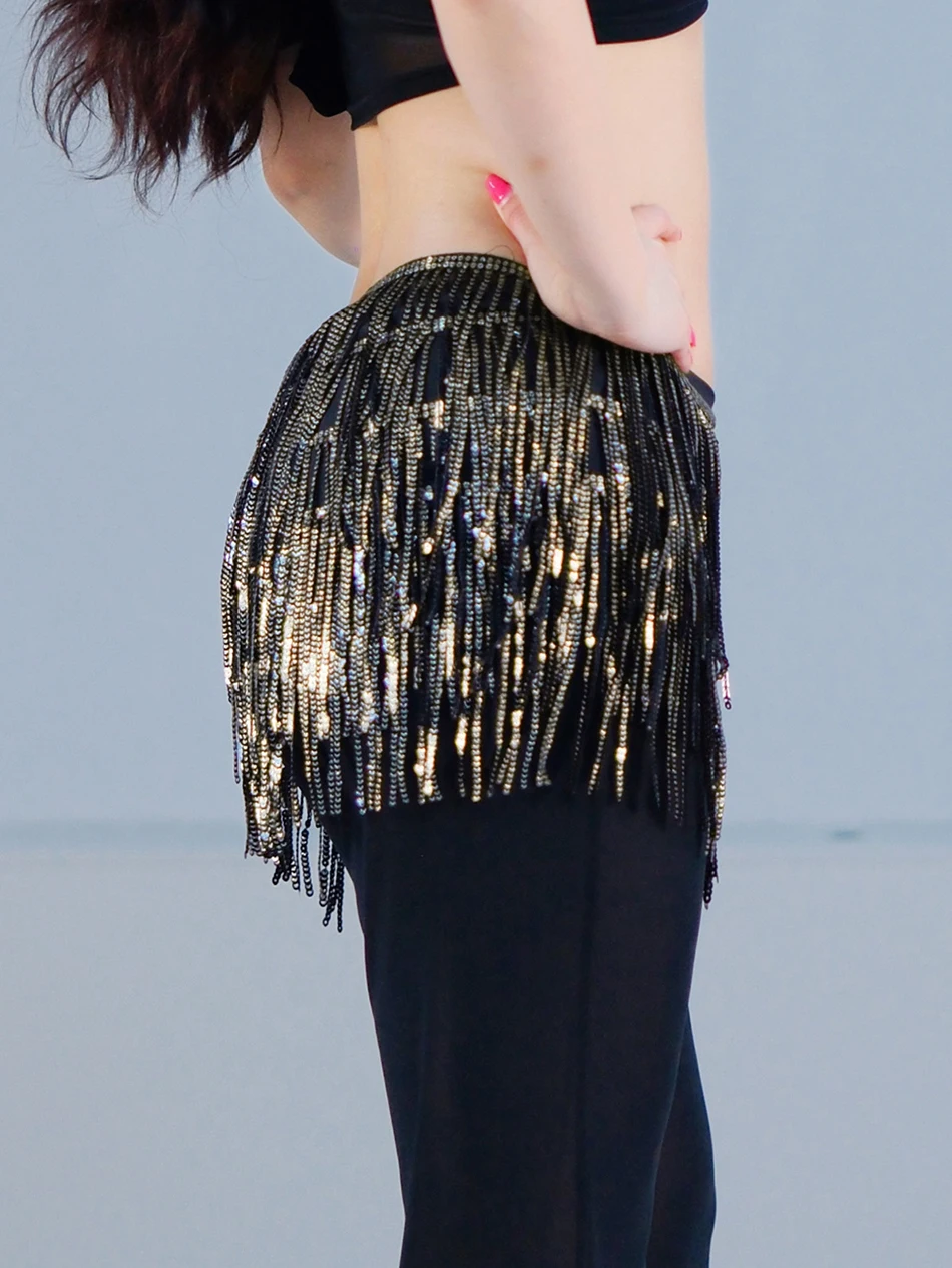 Хип-шарф для танца живота, пояс с кисточками и блестками, пояс-цепочка для женщин, 4 слоя, 225 см, реквизит для выступлений на сцене, аксессуары, наряд