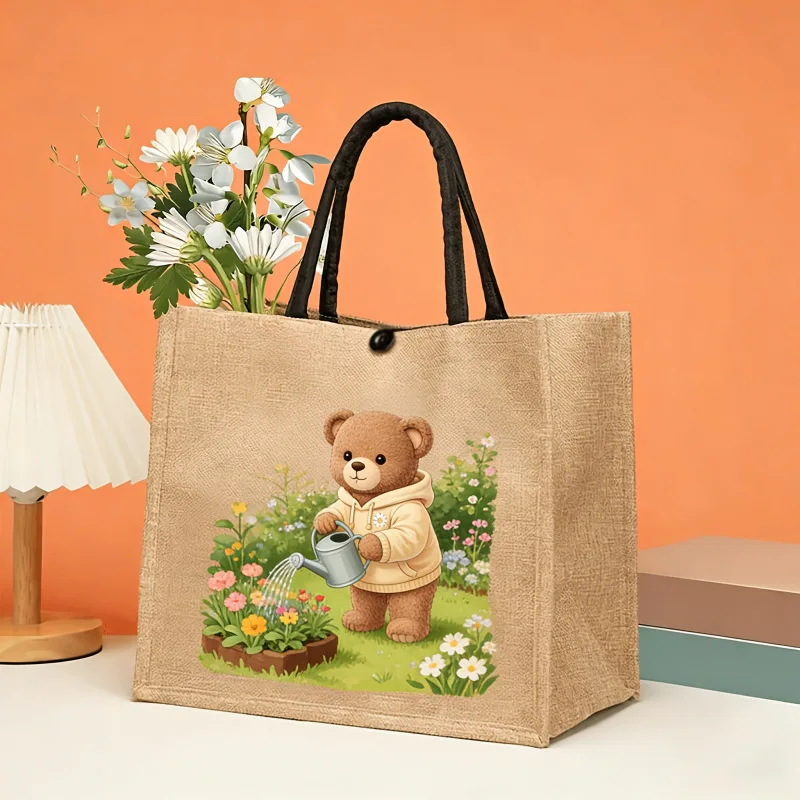Cute Healing Bear Jute Bag Girl, Large Capacity Student Commuter Tote Bag Handheld Shopping Bag Reusable Shopping Bags