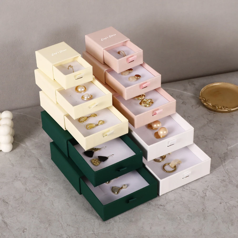24Pcs Jewelry Paper Box Personalized Print Logo Name Text Drawer Case Boutique Jewellery Wedding Favors Gift Packaging Organizer