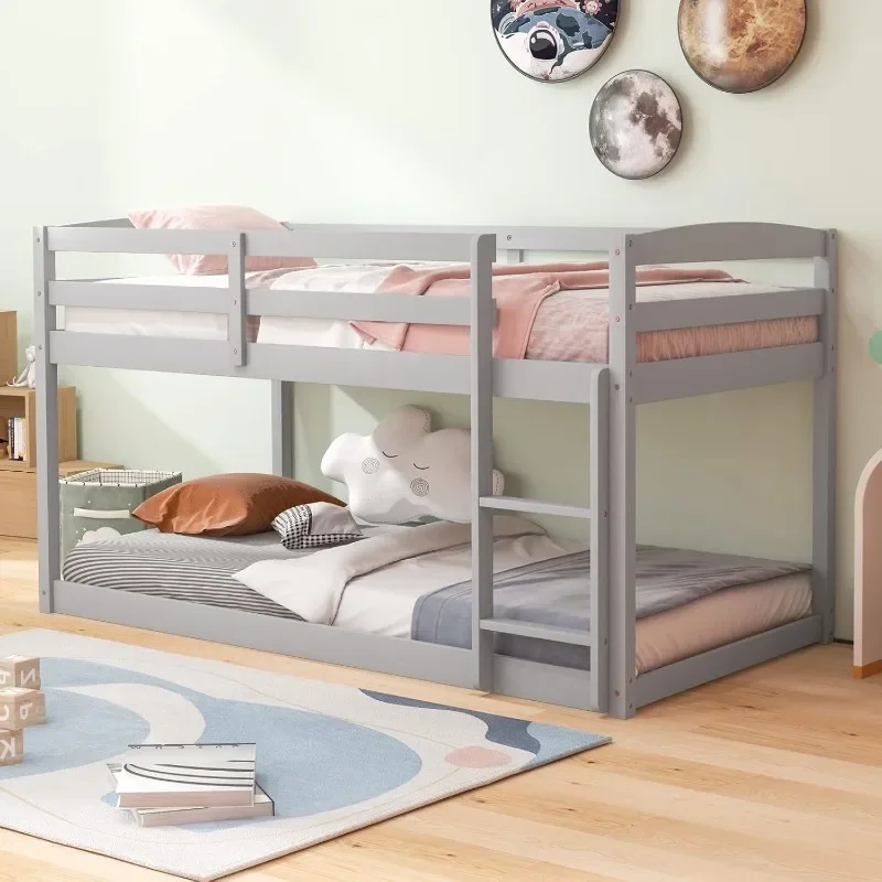 Twin Low Bunk Bed, Solid Wood Twin Over Twin Bunk Bed Frame with Full Guardrails & Integrated Ladder, Floor  Bunk Beds
