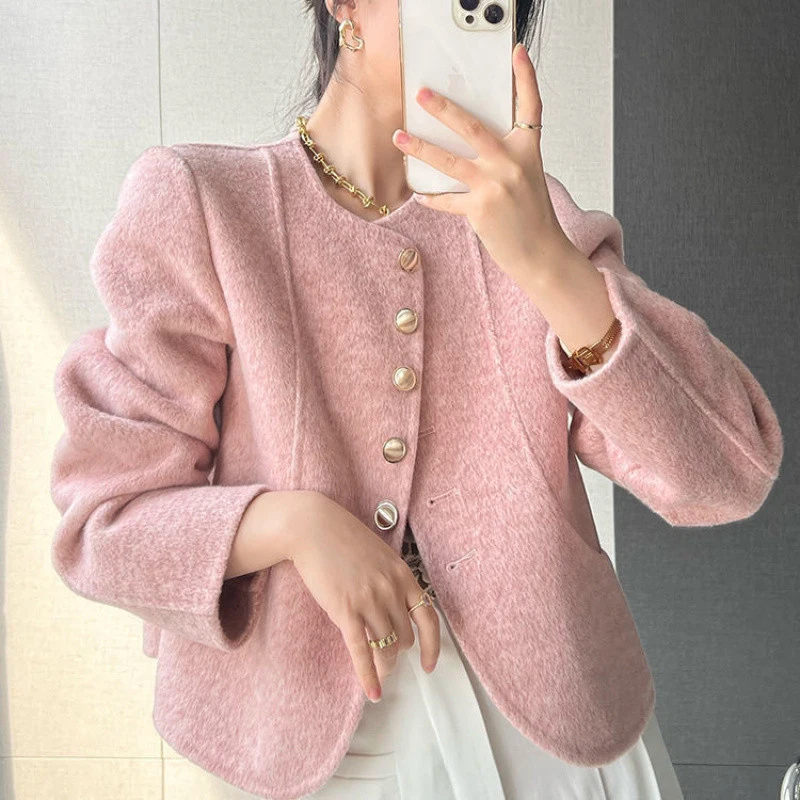 Korean Woolen Jacket Spring Autumn New Round Neck Single Breasted Short Overcoat Chic Solid Color Thermal Ladies Outerwear