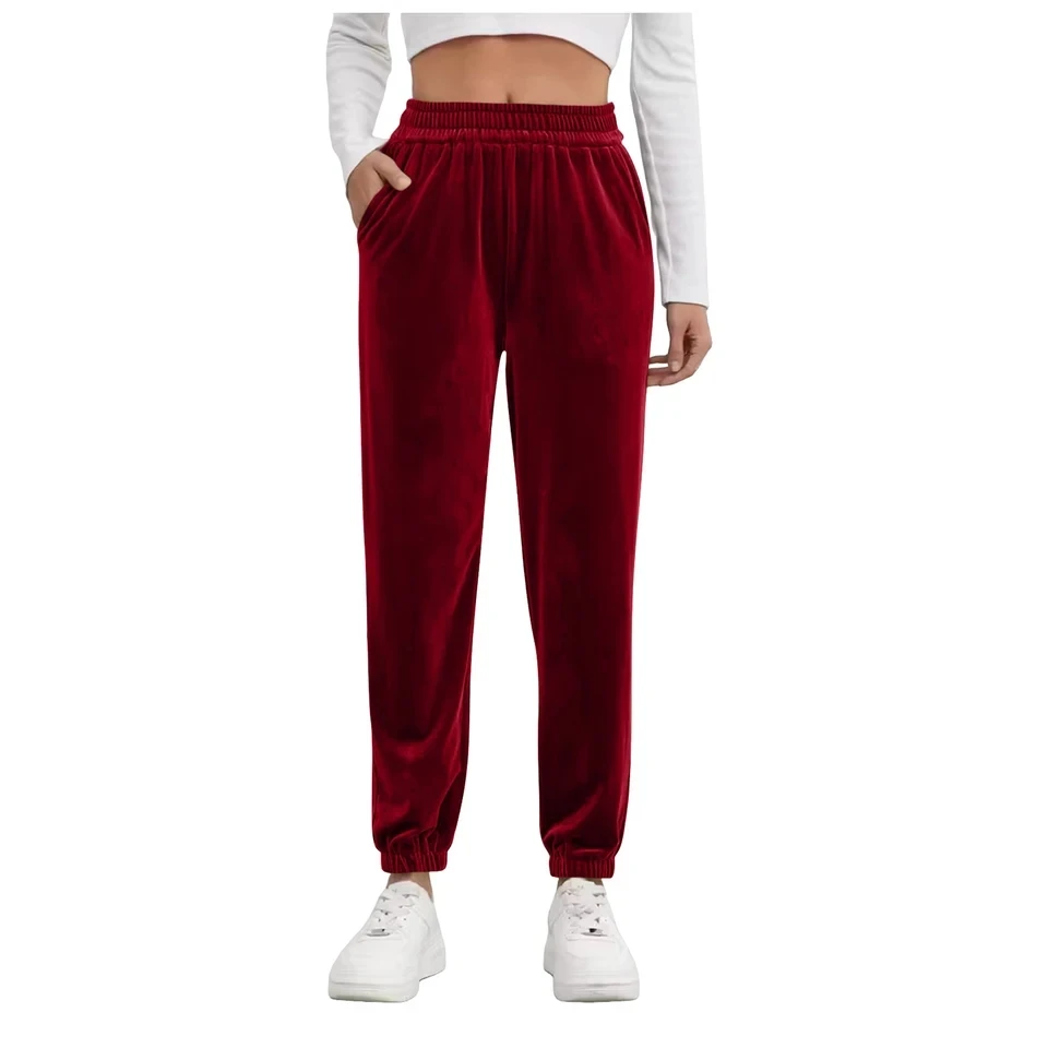 

Vintage Women's Soft Velvet Pants Straight Leg Sweatpants Elastic Waist Joggers Pants Solid Color Baggy Trousers With Pockets