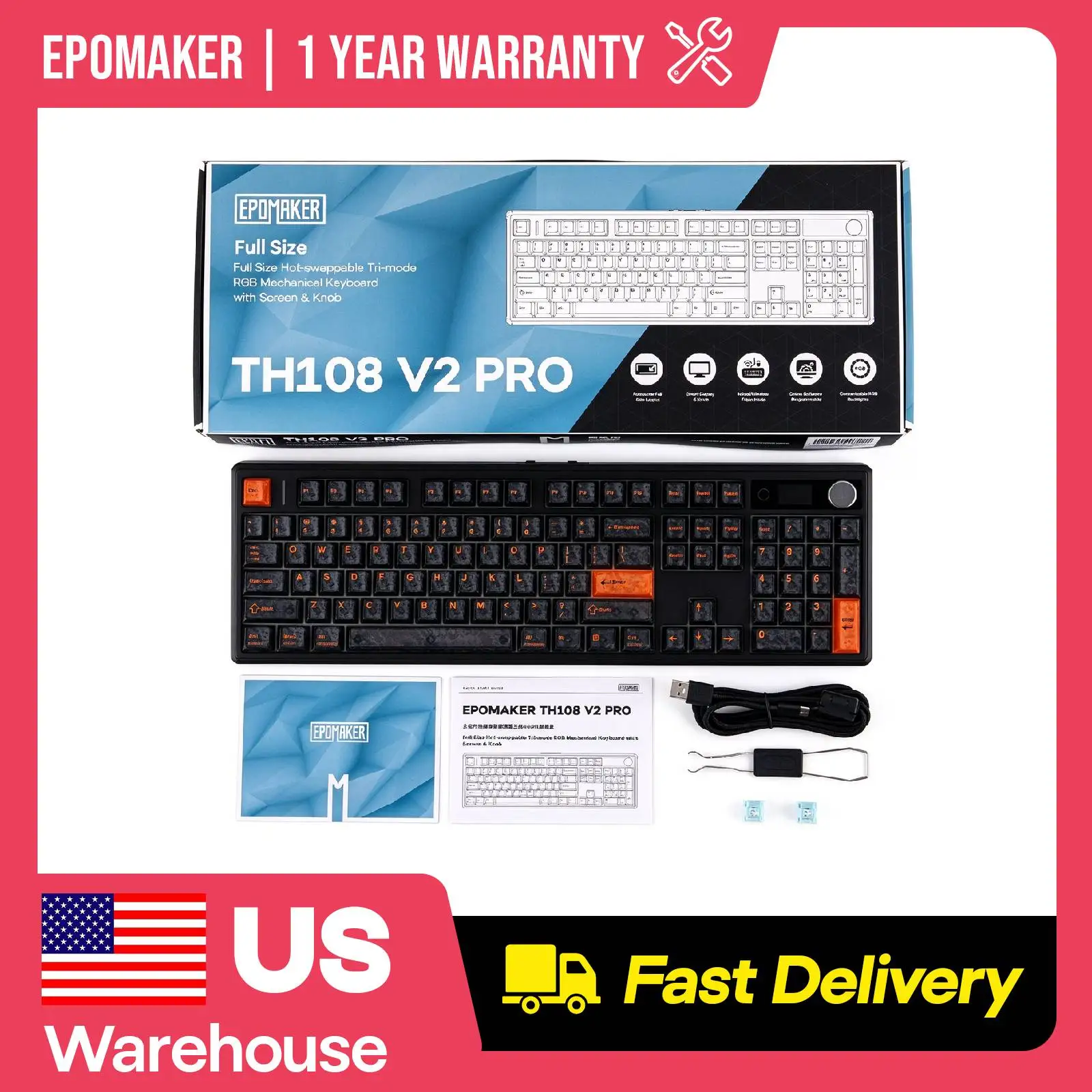 EPOMAKER TH108 V2 PRO Full Sized ANSI US Layout Tri-mode Wireless Gaming Keyboard Interactive Glass Screen & Multi-Tasking Knob