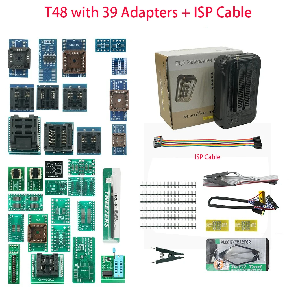 

XGecu T48 [TL866-3G] Programmer with 39 adapters + ISP Cable Support 31000+ ICs for EPROM/MCU/SPI/Nor/NAND Flash/EMMC/ IC TESTER