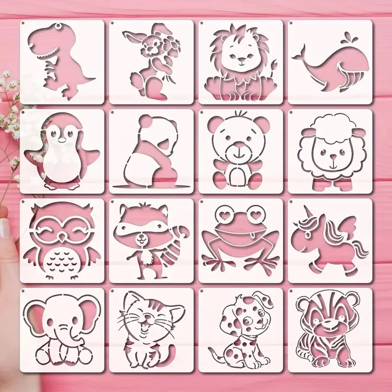 16 ورقة من قوالب الحيوانات الكرتونية الرائعة، استنسل قابل لإعادة الاستخدام للأطفال، مشاريع الرسم اليدوية اليدوية، تصميم لطيف #1