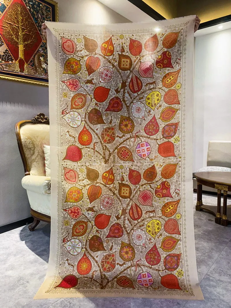 High-end Elegant Women Exquisite Warm Color Tree of Life Print Quality Water Soluble Wool Handcrafted Fringe Long Scarf Shawl