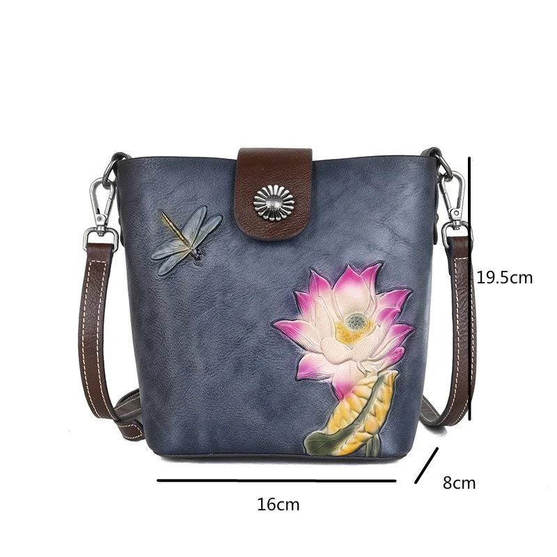 MOTAORA Genuine Leather Women Crossbody Bags Handmade Relief Floral Small Woman Shoulder Bucket Bag Purses And Phone Bags Luxury