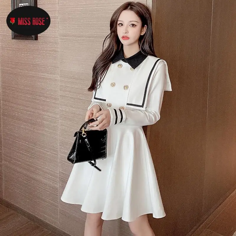 Women Lady Elegant JK Sailor Uniform Dress Party High Street Dating Romantic Vestidos Double Breasted Autumn Spring Preppy Dress