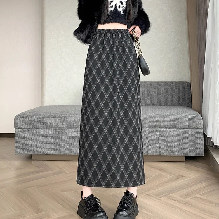 الكورية Sle منقوشة Fce اصطف ثي عالية الخصر التخسيس ميدي مستقيم أنبوب تنورة الخريف الشتاء المرأة الدافئة ألياف البوليستر