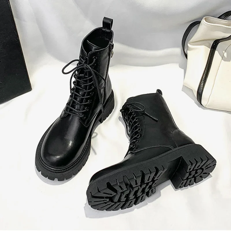 Brown Pu Leather Ankle Boots for Women 2023 Autumn Winter Short Plush Motorcycle Boots Woman Vintage Lace Up Botas Zipper Shoes