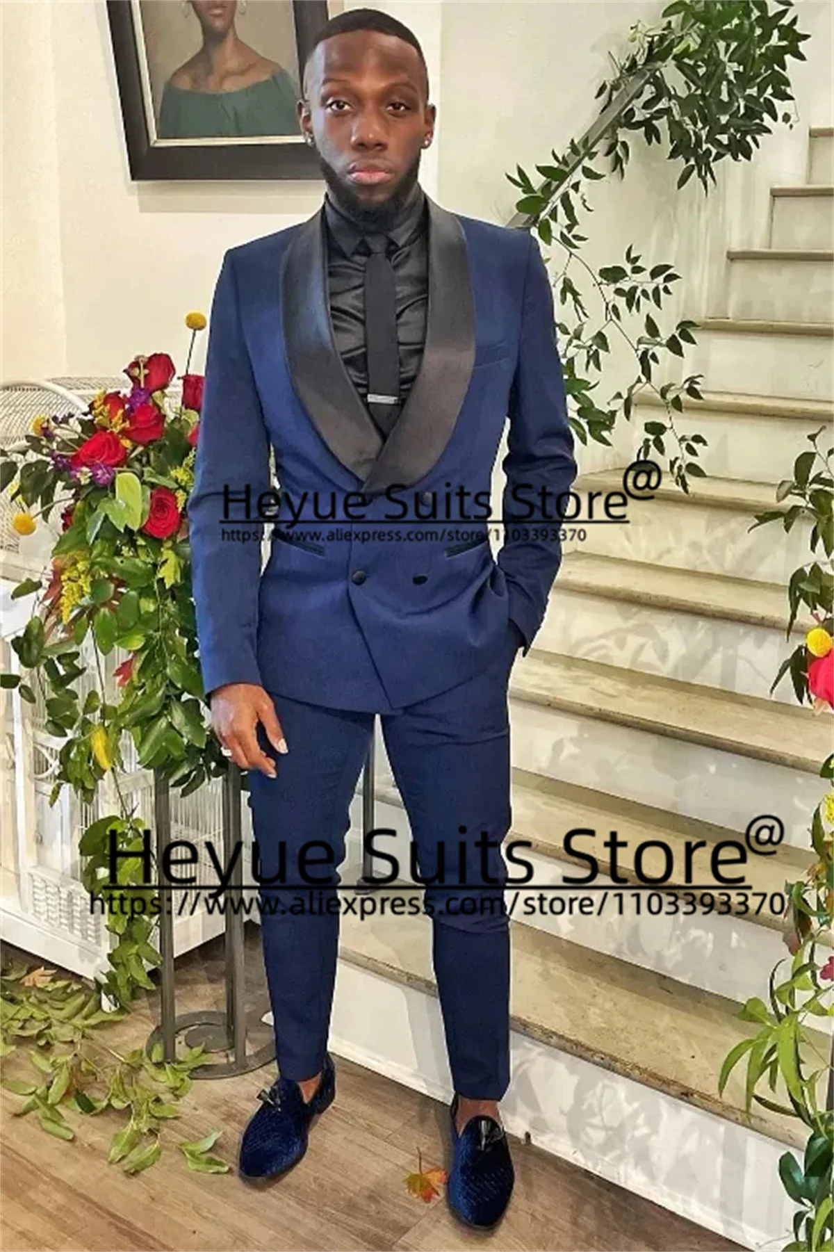 

Navy Blue Double-breasted Groom Wedding Tuxedos Custome Business 2 Pcs Sets Black Shawl Lapel Men Suits traje de hombre elegante