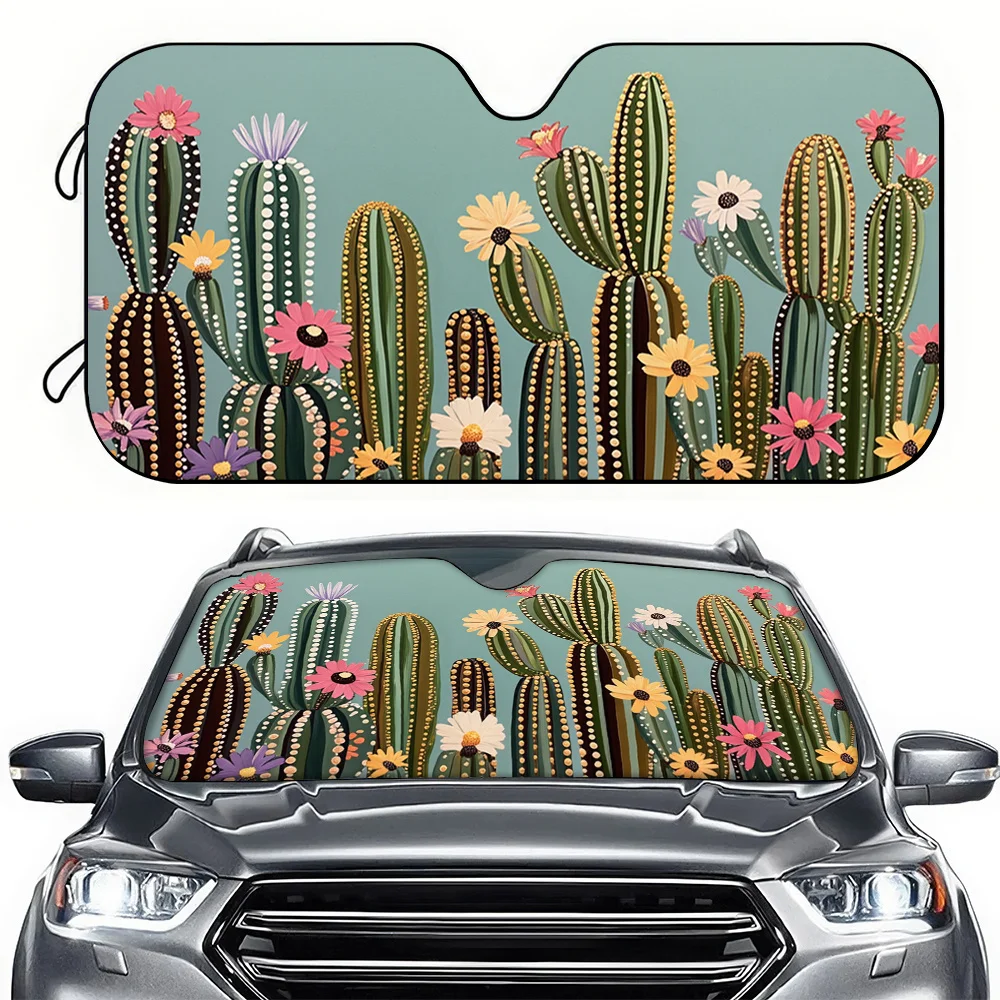 A Car Sunshade Featuring A Colorful Cactus Design, This Front Windshield Cover Is Printed In High Definition, Blocks Sunlight Ef