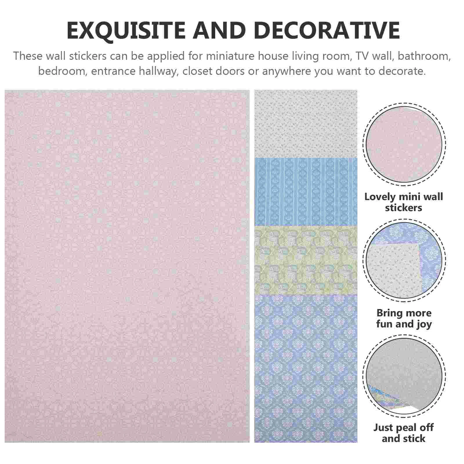 5 Sheets House Wallpaper Mini Decals for Miniature Dollhouse Peel and Stick Playhouse Accessories Stickers Tiny