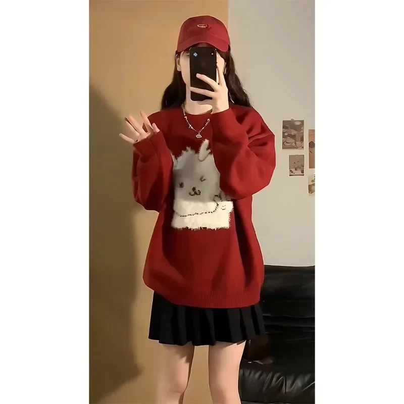 

MiiiiX Plus Size Lazy Style Red Knitted Pullover Women's Sweater Autumn Sweet Cute Cartoon O-neck Loose Knitwear Female Clothes