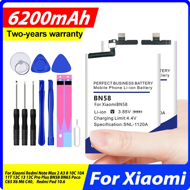 BM5V BN5G BN5R BN81 Battery For Xiaomi Redmi Note Max 2 A3 8 11T 12C 13 13C Pro Plus BN58 BN65 Poco C65 X6 M6 C40，Redmi Pad 10.6