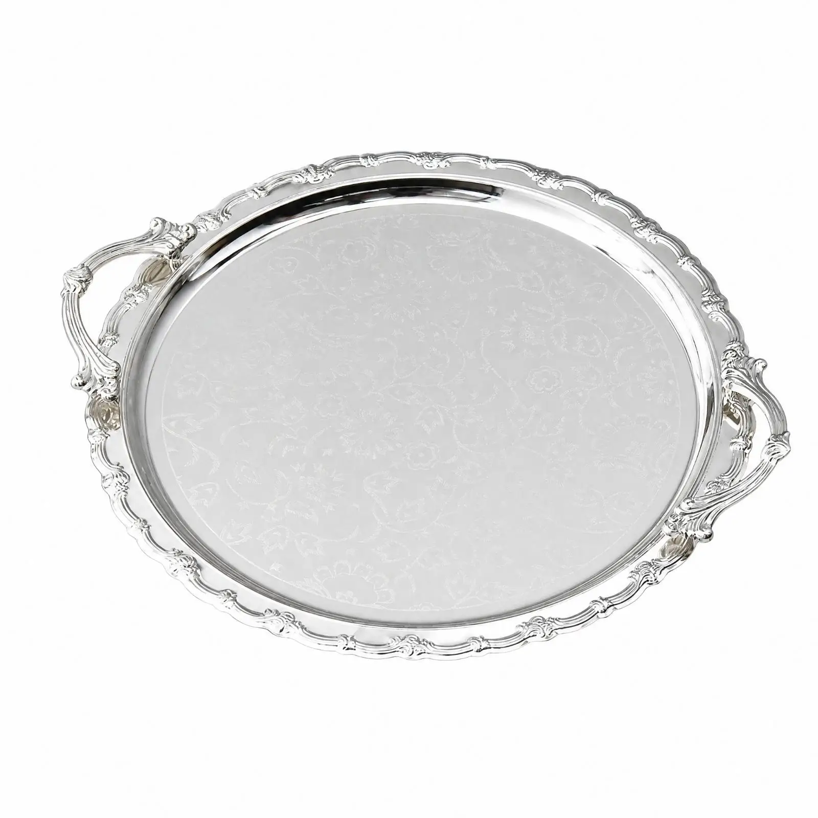 Handled Metal Serving Tray Polished Silver Floral Pattern for Tea Coffee Dessert Presentation Home Accent