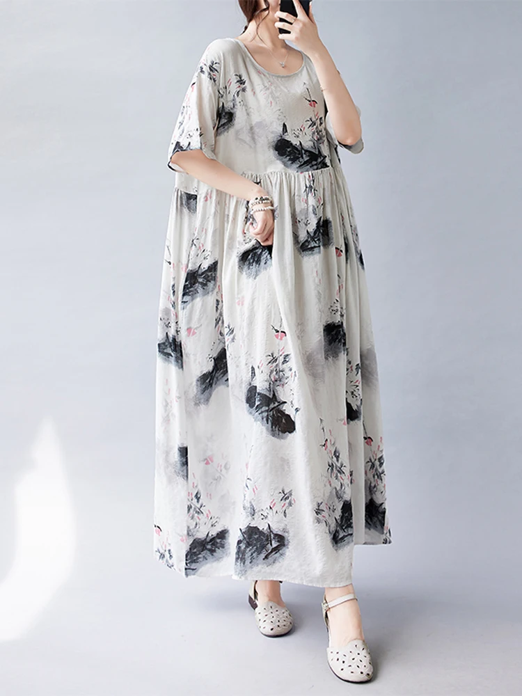 

NYFS 2023 Summer New Simple Fashion Woman Dress Vestidos Robe Ete Femme Elbise Loose Print Short Sleeve Bohemia Long Dresses