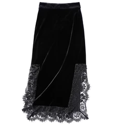2023 Autumn Winter Women Split Lace Patchwork Long Skirts Elastic High Waist Velvet Skirt Office Ladies Slim Sheath Bodycon Saia