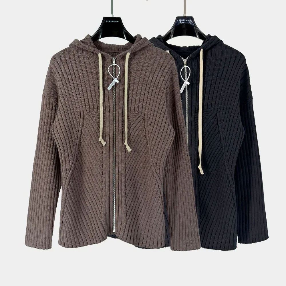 High Street Hooded Sweater Cardigan Jacket Men's Black Pioneer Ribbed Knitted Hooded Sweater Zipper Cardigan Slim Fit Coat