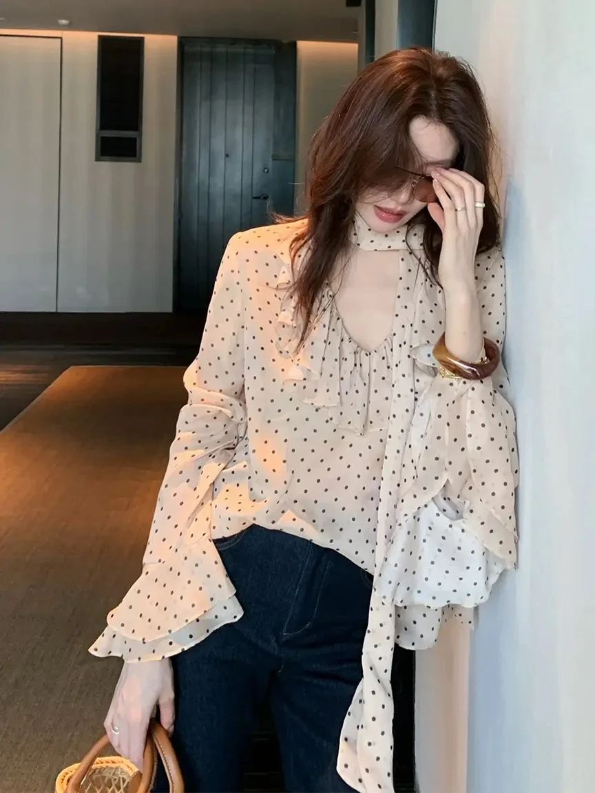 

Dragon Joy Sweet Apricot Polka Dot Print Ruffle Hem Deep V Neck Women's Shirt Spring Summer New Style K502 French Style Long ...