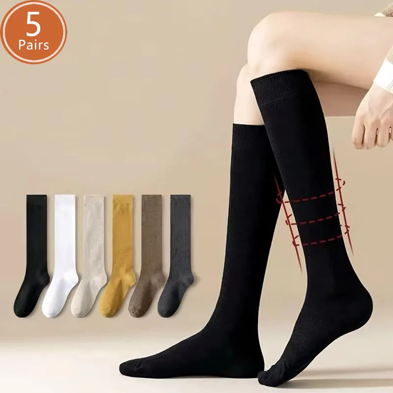 5 Pairs Women Stockings Cotton Solid Sweat-Absorbing Breathable Long Crew Socks Compression Student Girl Below knee Calf Socks