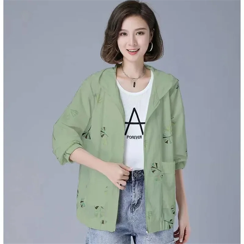 Women Jacket 2023 New Summer Print Sun Protection Thin Coat Windbreaker Female Long Sleeve Hooded Baseball Uniform Jackets