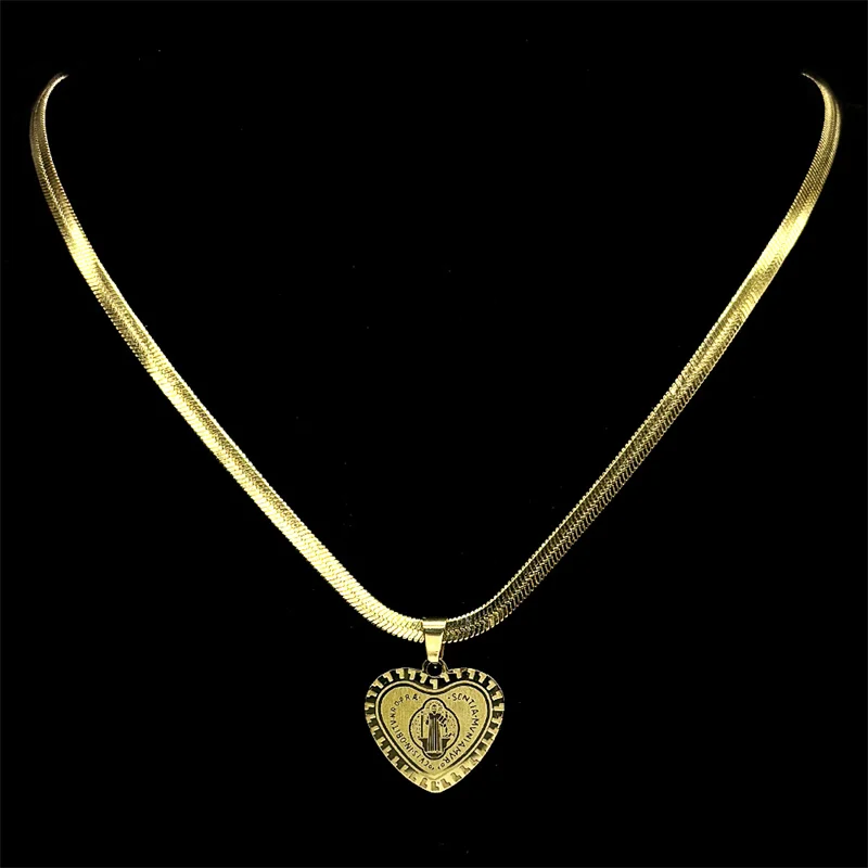 

Saint Benedict Love Heart Pendant Necklace for Women Men Stainless Steel Chain Choker Necklaces Jewelry San Benito Collares ﻿