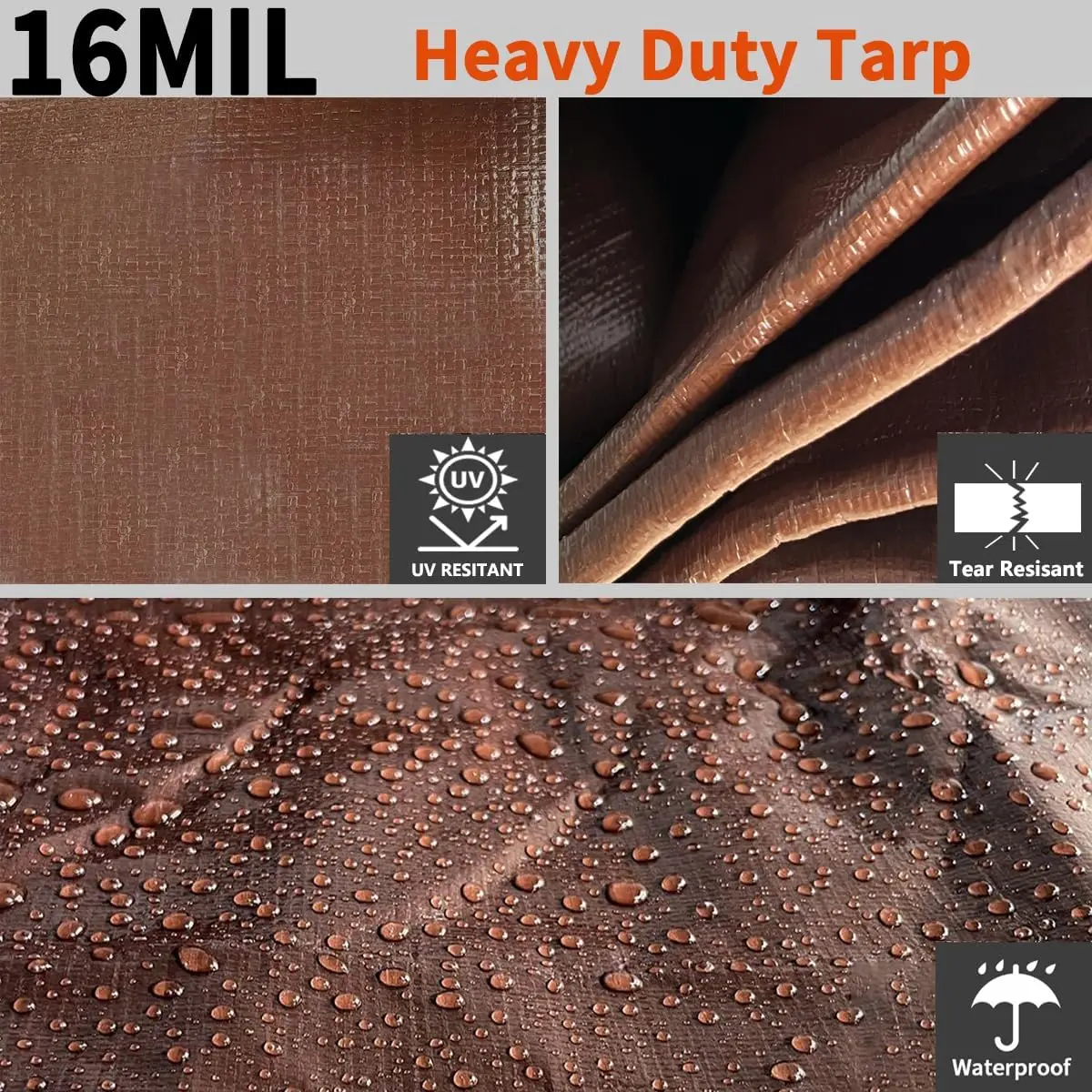 ผ้าใบกันน้ำแบบหนา 12x12 ฟุต, ผ้าใบโพลี 16 มิล พร้อมห่วงตาไก่, ป้องกันรังสียูวี, ผ้าใบอเนกประสงค์สีน้ำตาลเสริมความแข็งแรง