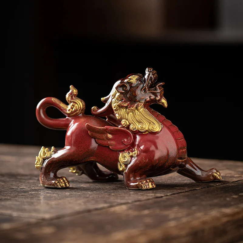 Ceramic Lucky Pixiu Pair, Chinese Tea Pet Ornaments for Tea Table, Living Room Decor, Office Desk Accessories