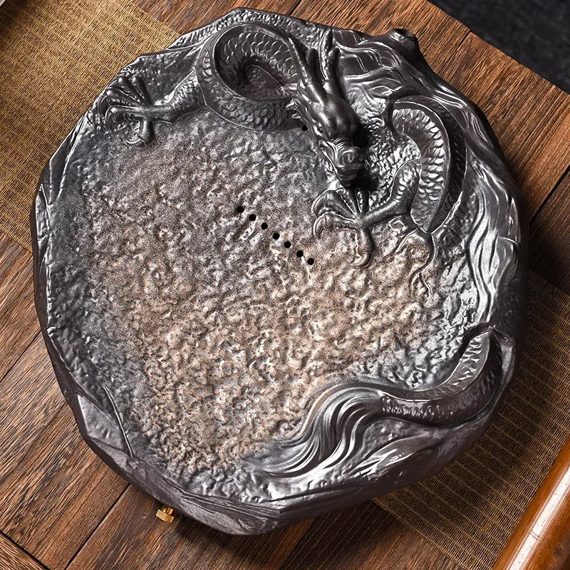 Large Round Ceramic Tea Tray Coarse Pottery Drainage Board for Kung Fu Tea Set Household Water Storage Dry Brewing Table