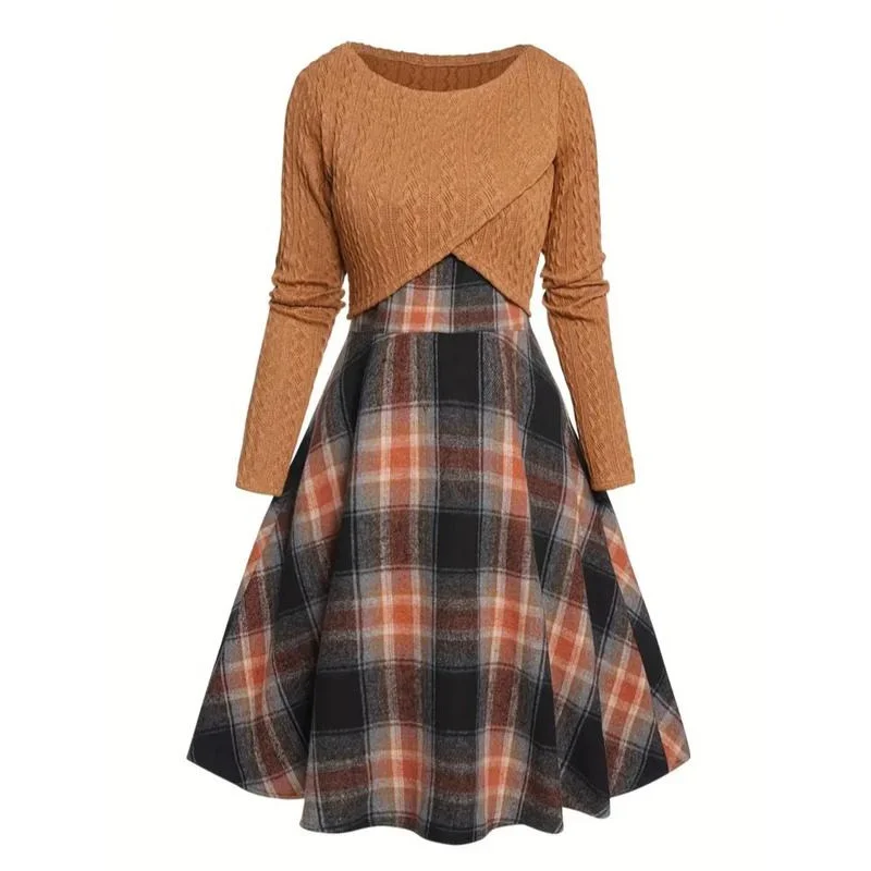 Women's Solid Wrap Hem Round Ne Textured Long Sleeve Crop Top & Plaid Print A-line Dress Suits Set, Preppy Fashion Comfort Skirt