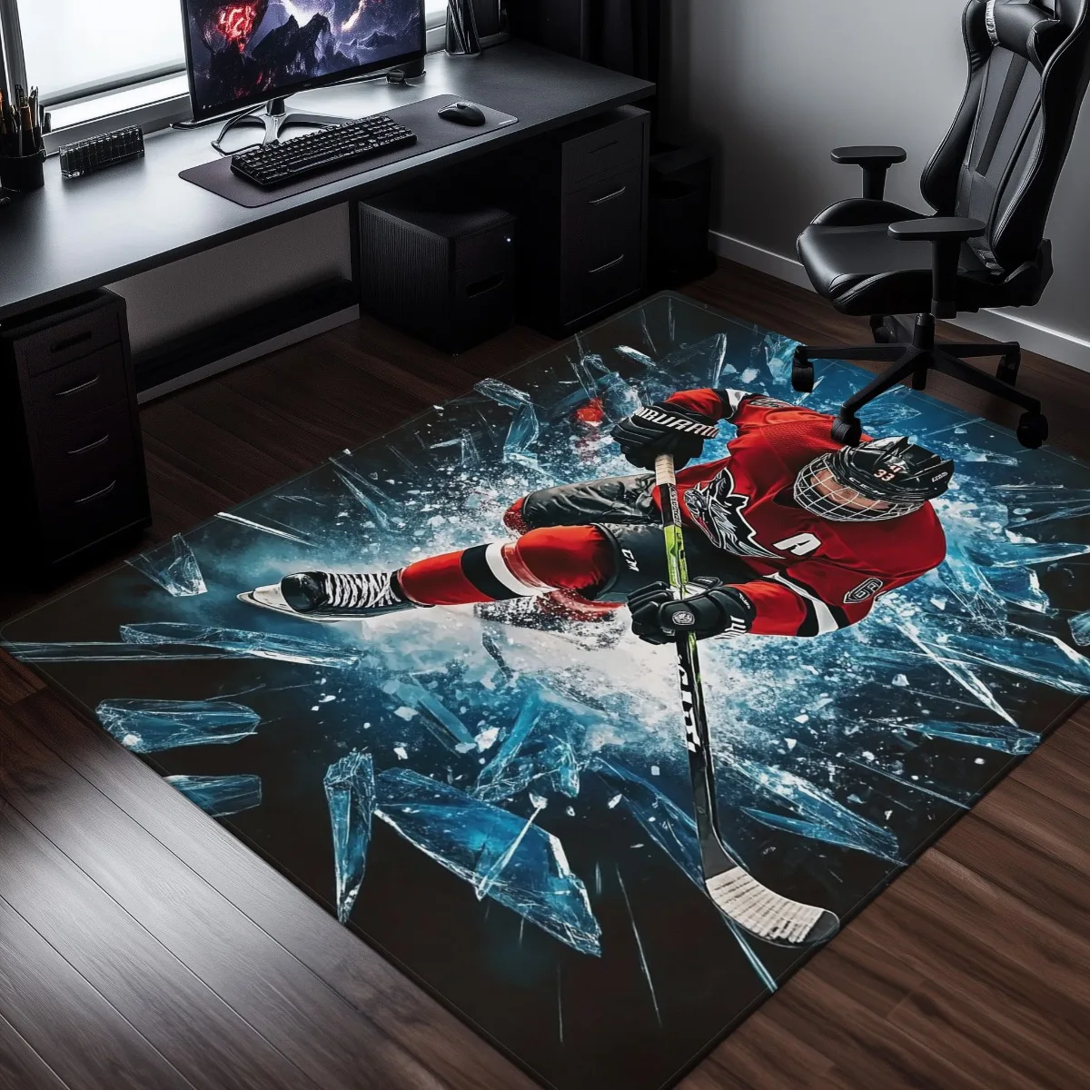 Ice Hockey Player Theme Area Rug, Non-Slip Absorbent Washable Floor Mat for Kitchen Bathroom, Home Entryway Yoga Decor
