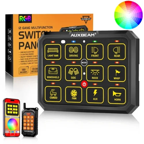 AUXBEAM AC-1200 RGB LED 스위치 패널, 업그레이드된 블루투스 앱, 리모컨 토글, 순간, 펄스 모드, RB120, 12 갱