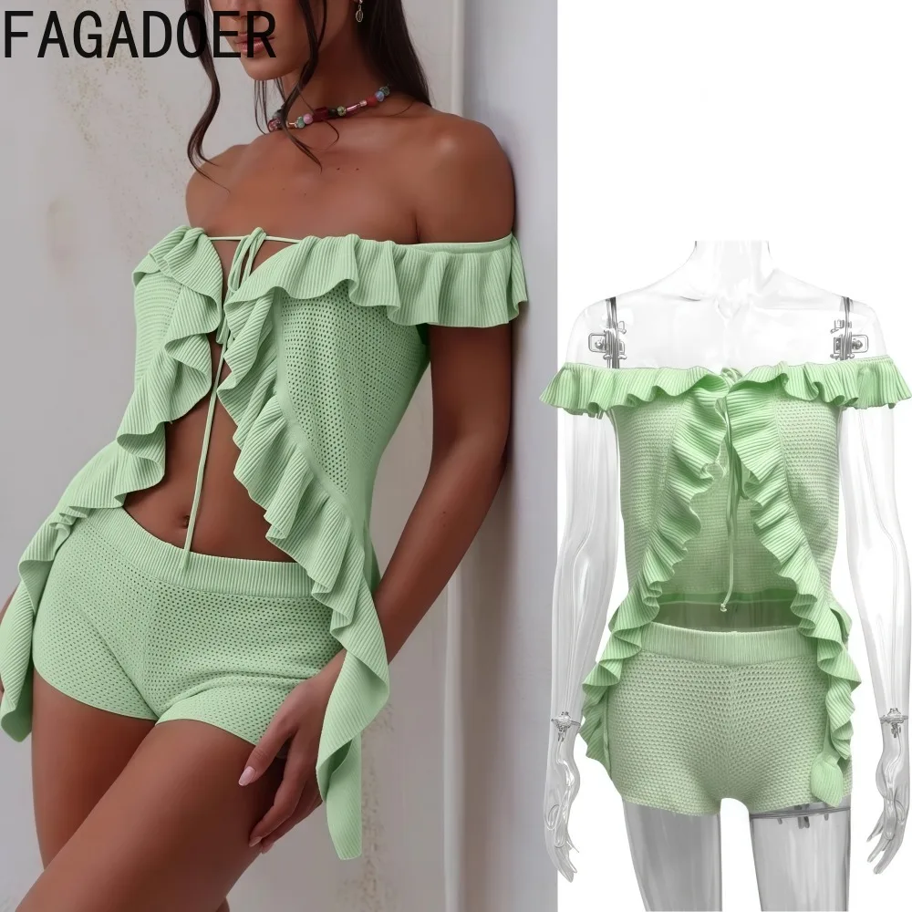 

FAGADOER Summer Sexy Ruffles Patchwork Bodycon Woman 2 Piece Set Outfit Off Showlder Bandage Crop Top and Shorts Female Holidays