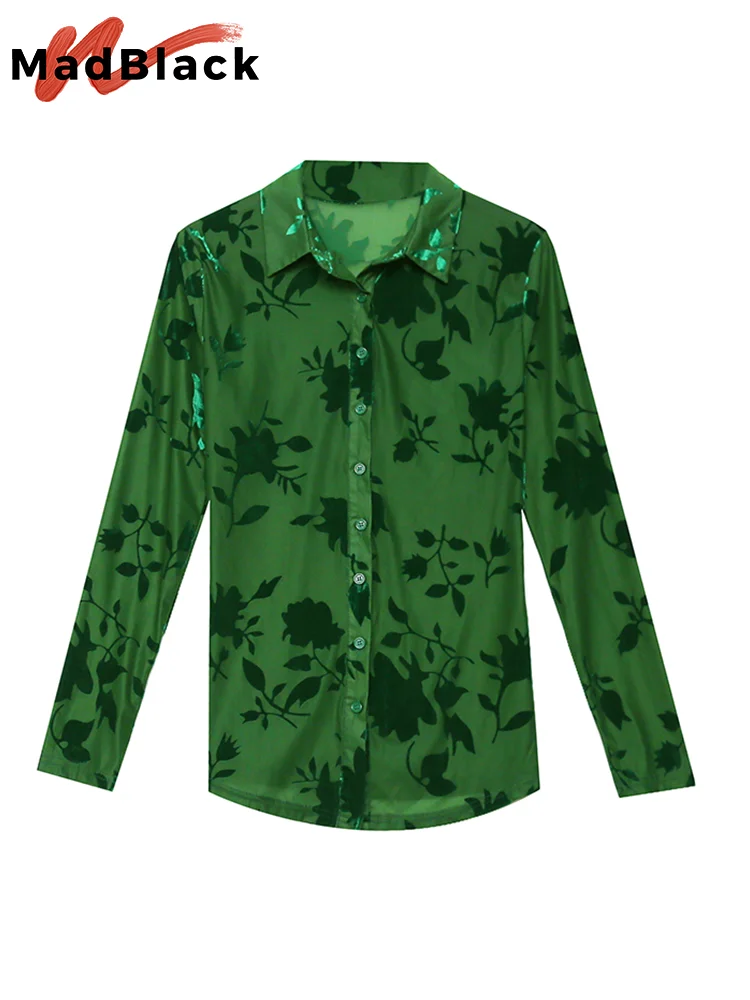 MadBlack Spring Flocking Printed Shirt Sexy Sheer Women Turn Down Collar Long Sleeves Mesh Tops Clubwear Shirts New Fall T32522Z