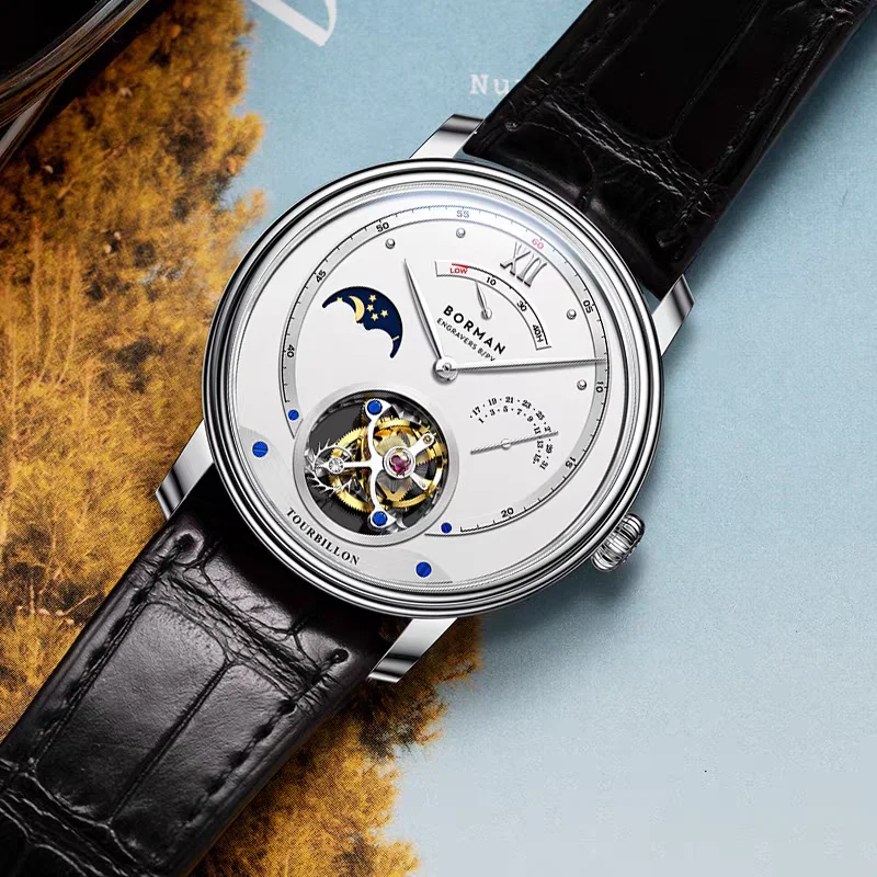 Borman Men Tourbillon Watch 40mm Manual Winding Mechanical Wristwatch Sapphire Mirror ST8007 Power Reserve Indicator Date