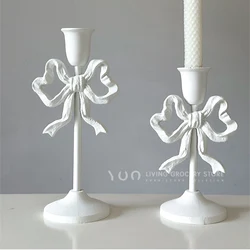 Retro Pink Bowknot Candlestick Cast Iron Single Head Wax Holder White Classical Candle Holder Ornaments Diningtable Decor
