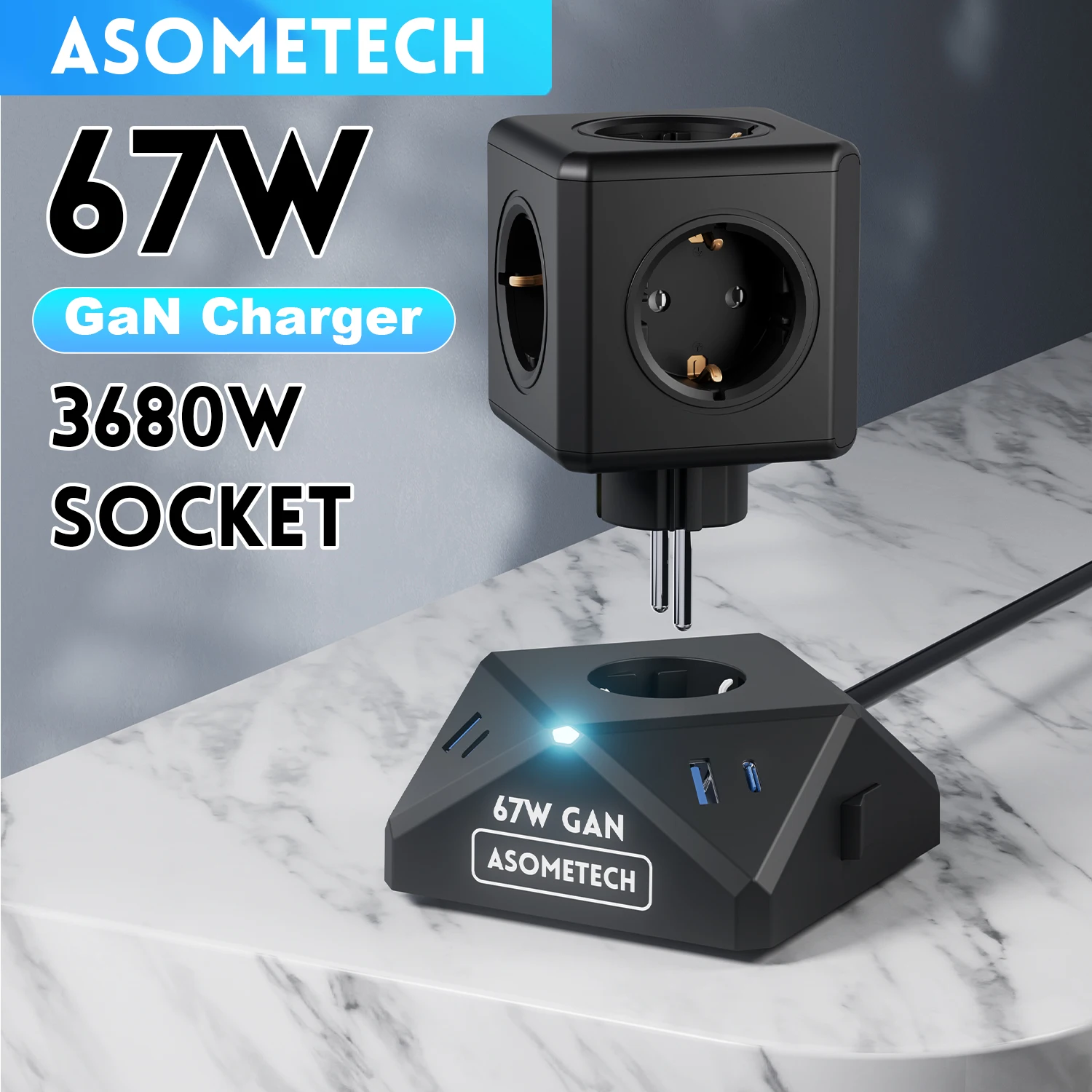 10 IN 1 Multiple Power Strip 3680W AC Outlets EU KR Grounding Socket With PD 67W USB C Fast Charger Adapter For Home Office Phon