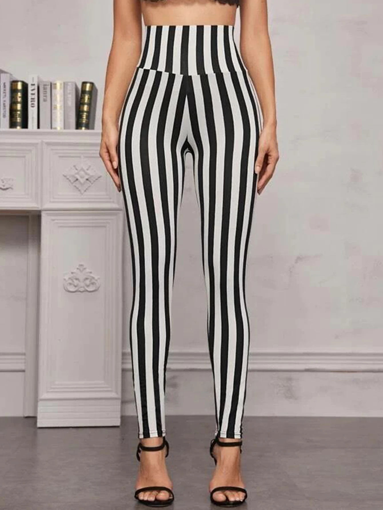 European And American Black And White Striped High-waisted Nine-point Leggings Fashion High-stretch Skinny Nine-point Pants