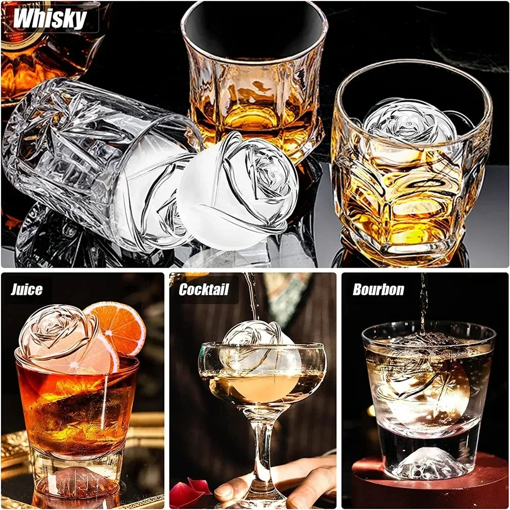 2PCS 3D Large Ice Cube Tray, 2.5-inch Rose Ice Mold, 4 Giant Cute Flower Shaped Ice Silicone Molds Suitable for Cocktail Juice