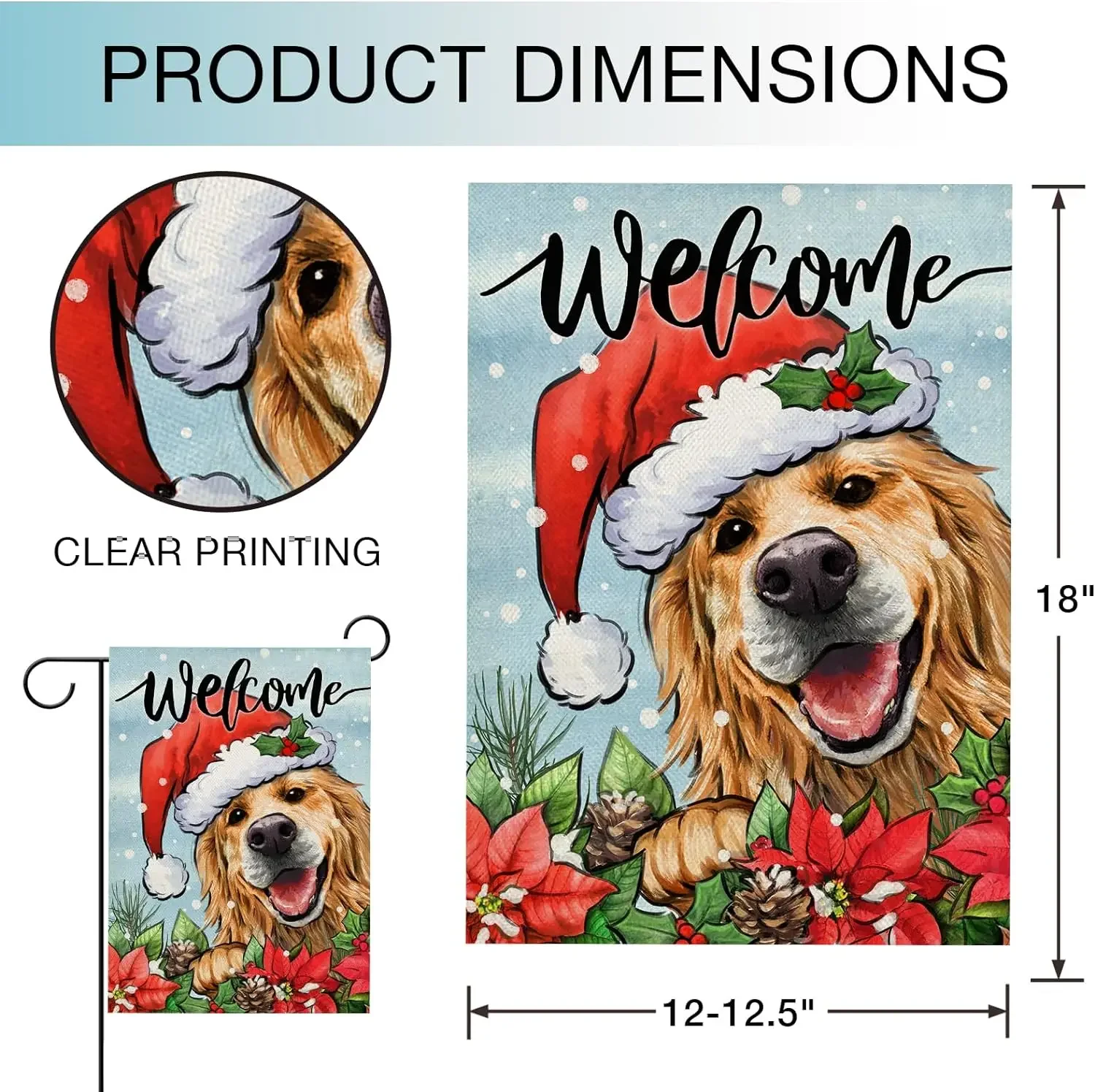 Welcome Christmas Golden Retriever Dog Garden Flag Puppy Santa Hat Poinsettia Decorative Yard Outdoor Home Decor Holiday 12x18in