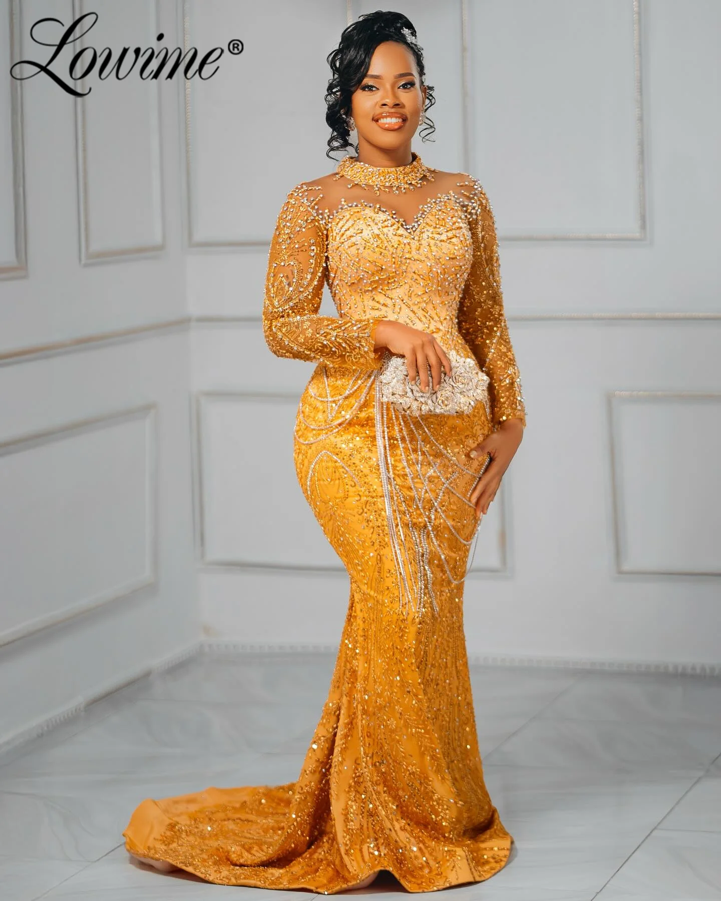 

﻿ Elegant African Prom Dress Long Sleeves High Neck Evening Gowns Crystal Beaded Plus Size Birthday Engagement Dress For Party