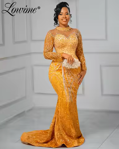 Elegant African Prom Dress Long Sleeves High Neck Evening Gowns Crystal Beaded Plus Size Birthday Engagement Dress For Party