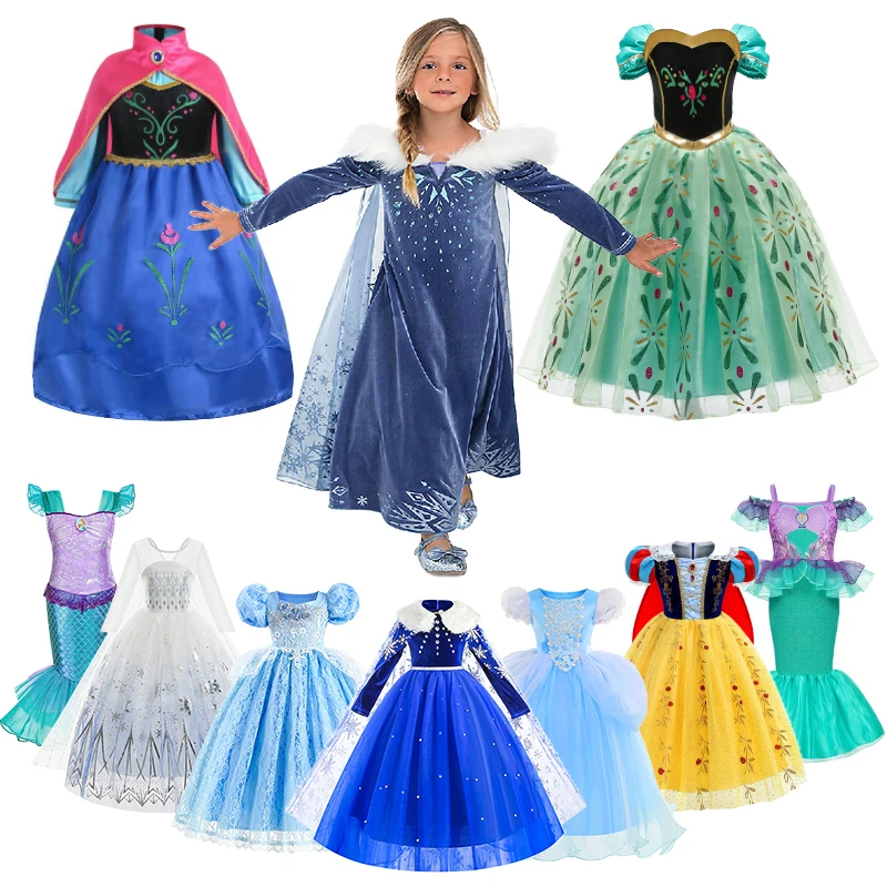 Halloween 2-10 Years Baby Girl Party Elsa Dress Christmas Princess Dress Kids Cosplay Snow White Anna Cinderella Mermaid Costume