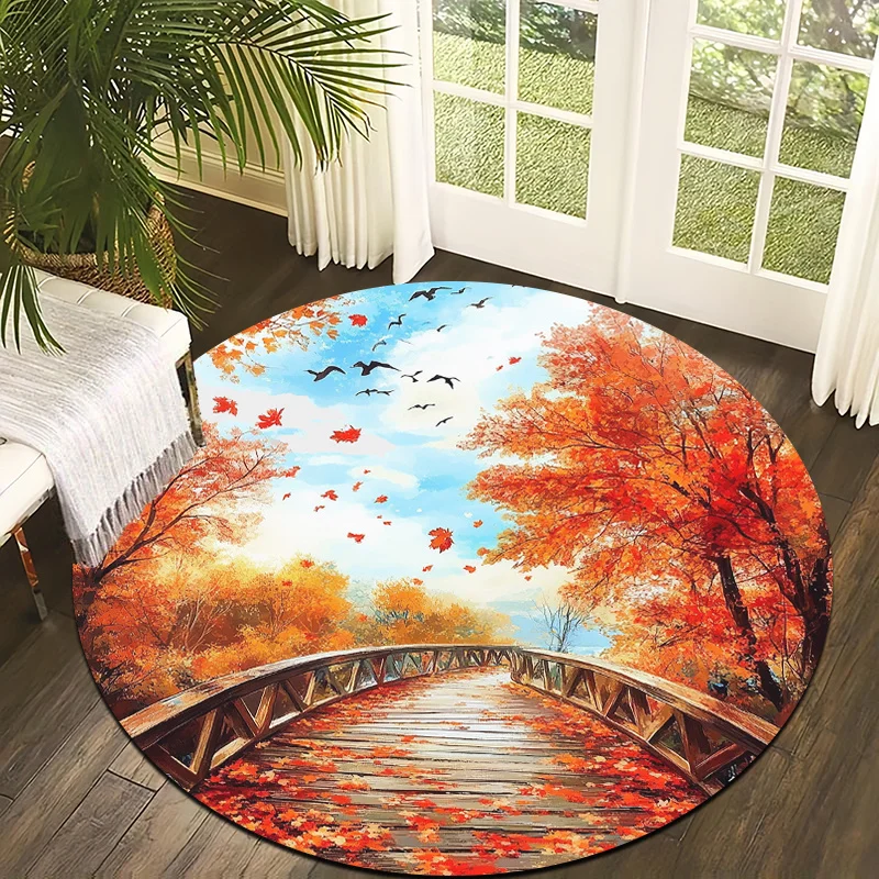 Deciduous Wood Bridge Theme Flannel-printed round floor mats are slip-resistant Suitable for living room terrace garden carpets